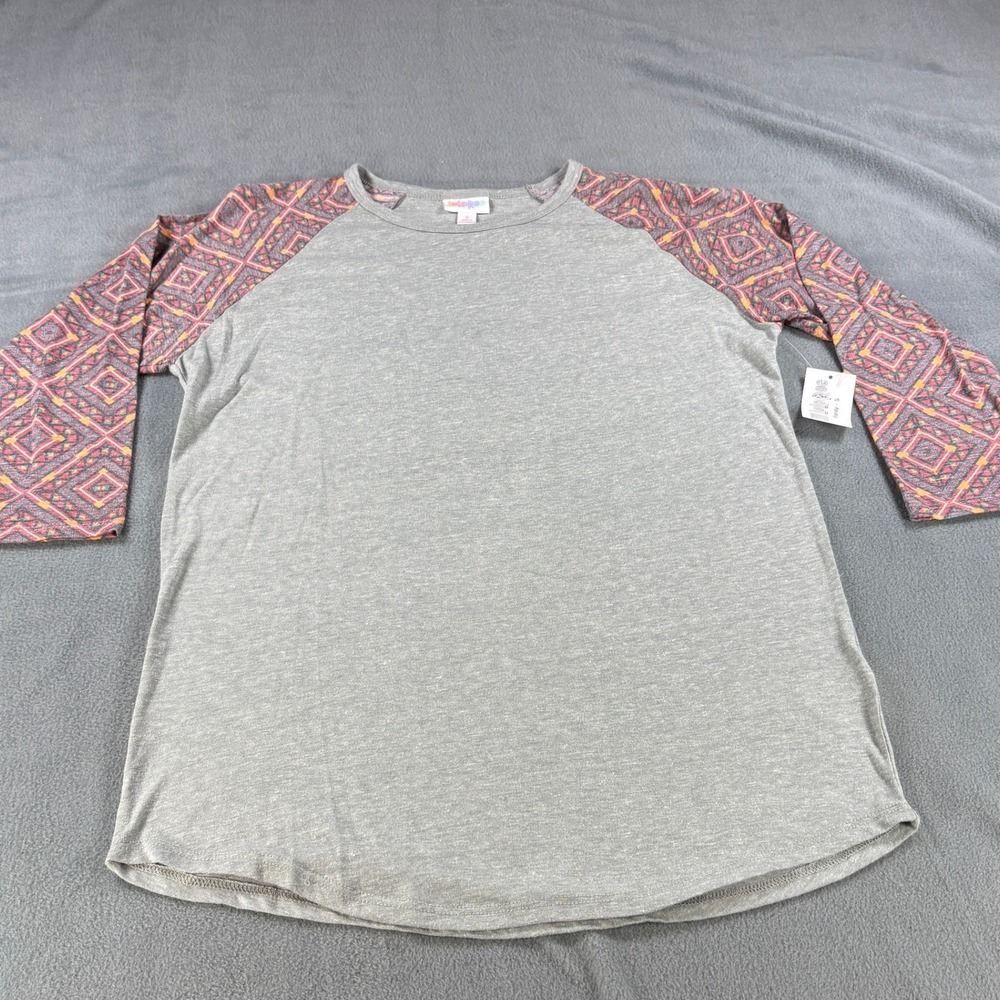 LuLaRoe Randy Baseball Tee Gray Geometric Raglan Sleeve Shirt Small NEW